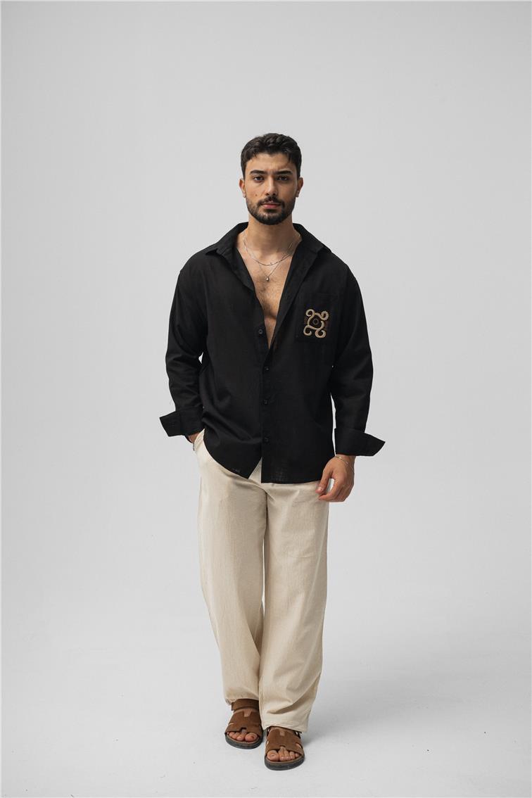 Keten Cep Detay Oversize Gömlek Siyah