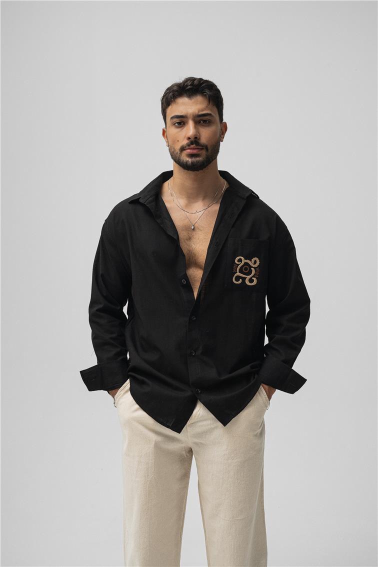 Keten Cep Detay Oversize Gömlek Siyah