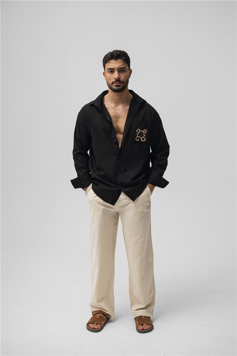 Keten Cep Detay Oversize Gömlek Siyah