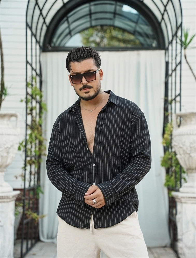 Keten Çizgili Oversize Gömlek Siyah