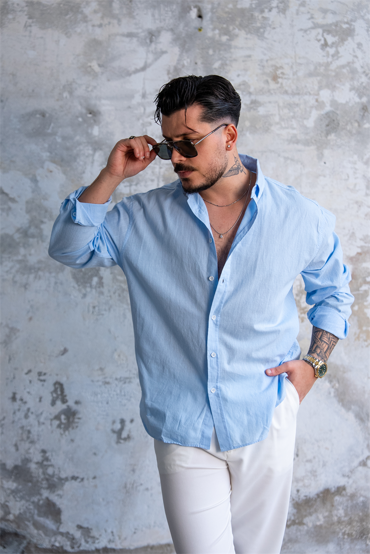 Keten Düğmeli Oversize Gömlek Bebe Mavisi
