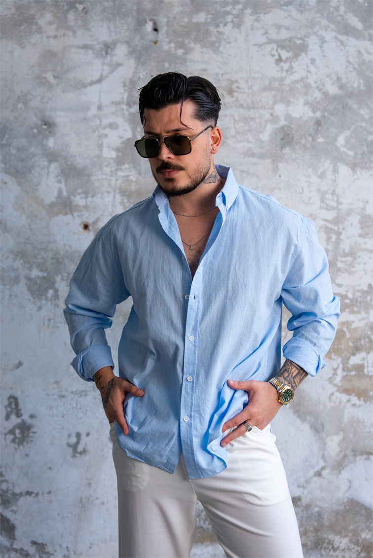 Keten Düğmeli Oversize Gömlek Bebe Mavisi