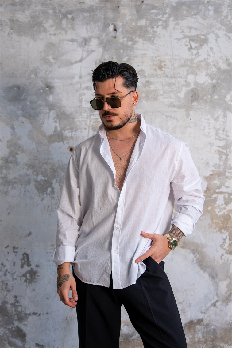 Keten Düğmeli Oversize Gömlek Beyaz