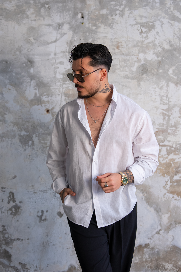 Keten Düğmeli Oversize Gömlek Beyaz