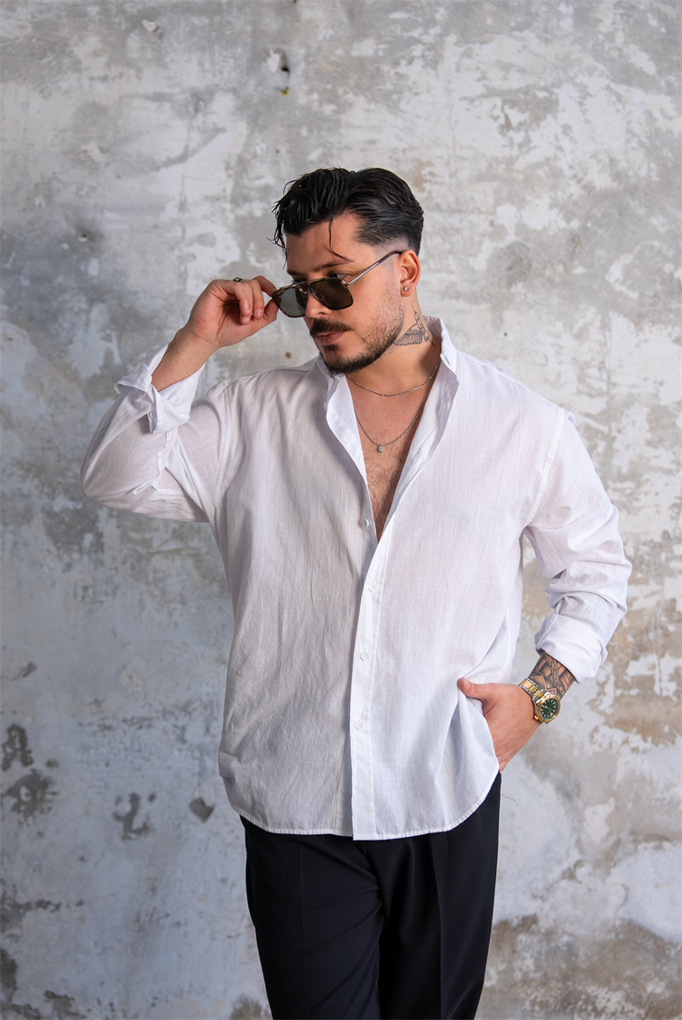 Keten Düğmeli Oversize Gömlek Beyaz