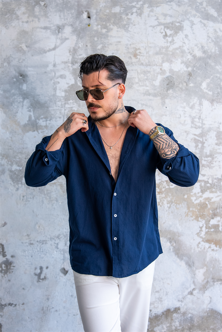 Keten Düğmeli Oversize Gömlek Lacivert