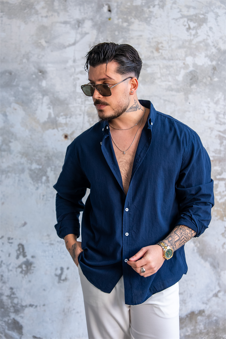 Keten Düğmeli Oversize Gömlek Lacivert