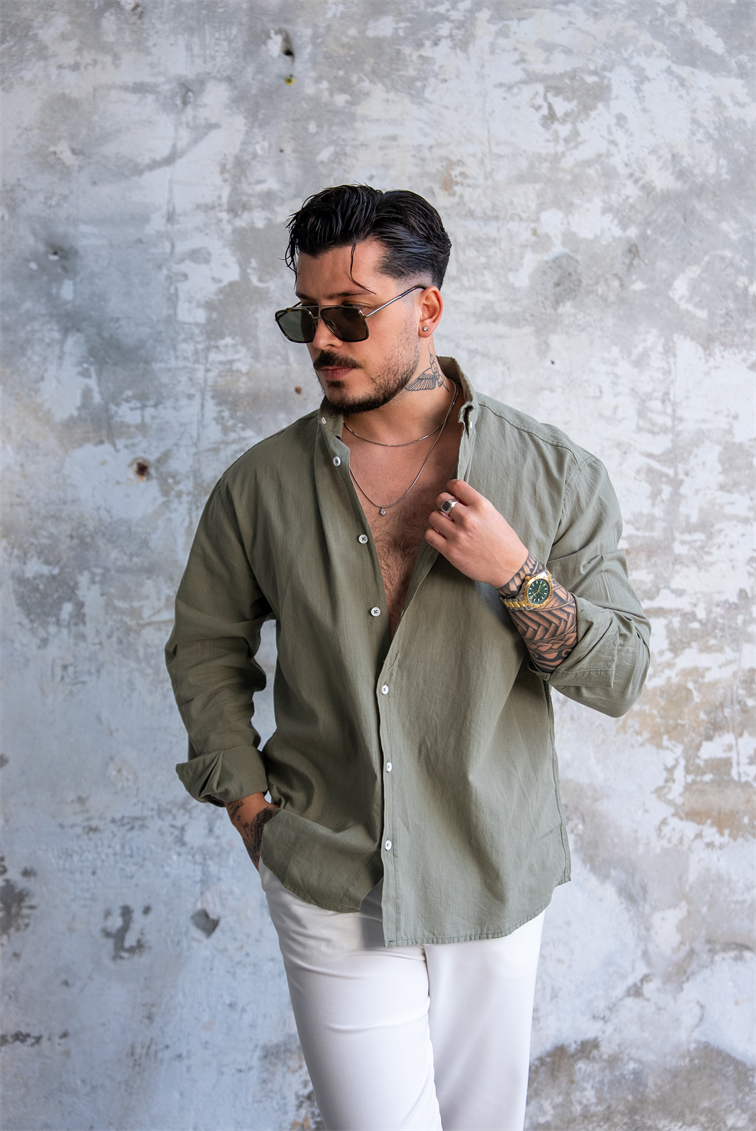 Keten Düğmeli Oversize Gömlek Mint