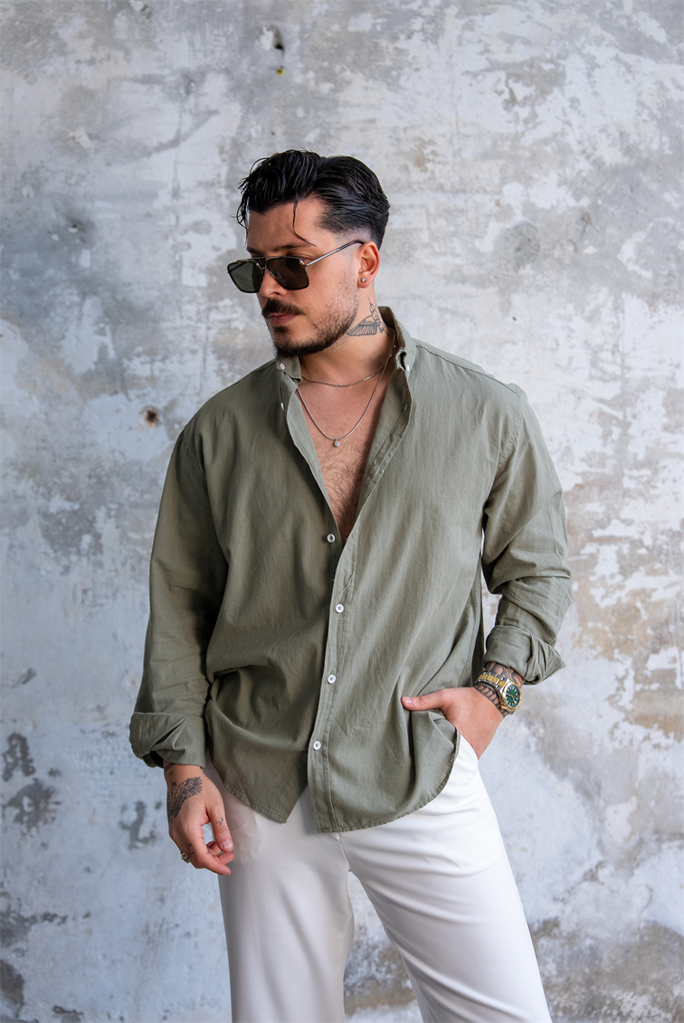 Keten Düğmeli Oversize Gömlek Mint