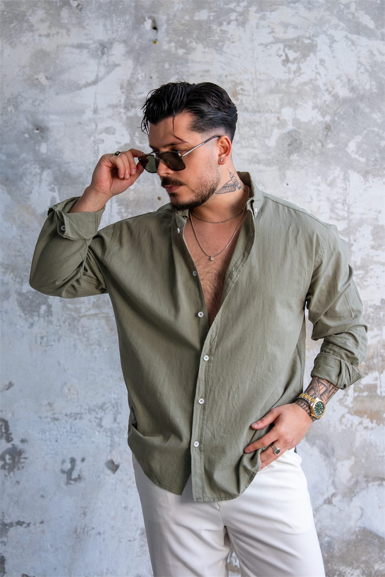Keten Düğmeli Oversize Gömlek Mint