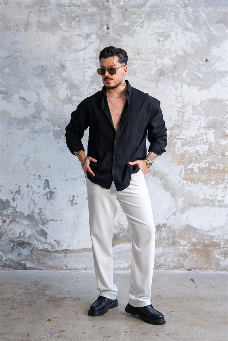 Keten Düğmeli Oversize Gömlek Siyah
