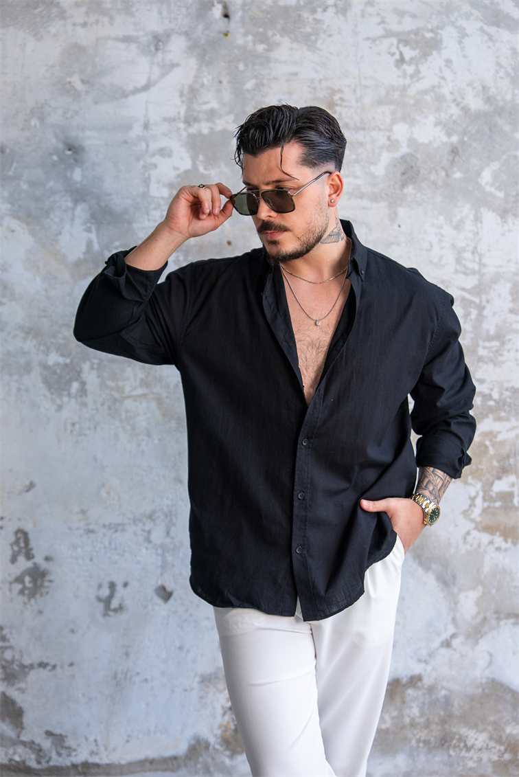 Keten Düğmeli Oversize Gömlek Siyah