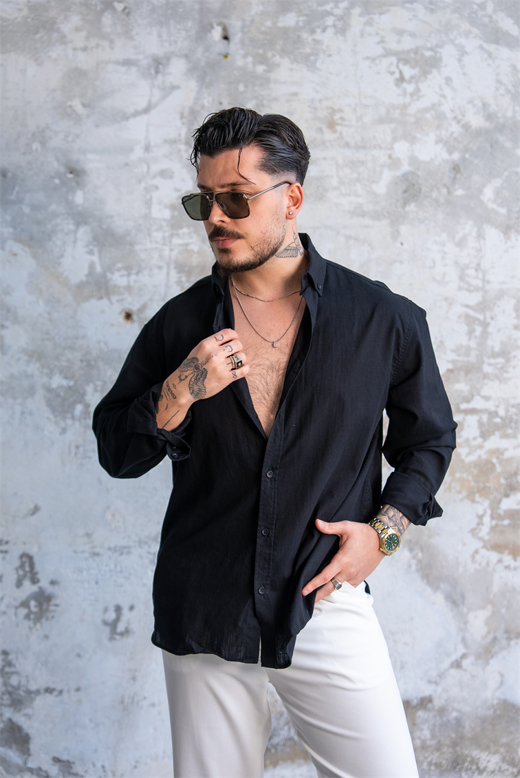 Keten Düğmeli Oversize Gömlek Siyah
