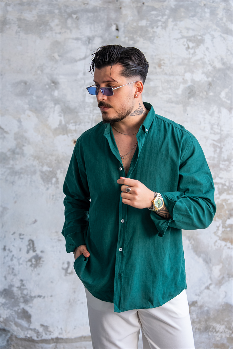 Keten Düğmeli Oversize Gömlek Zümrüt Yeşili