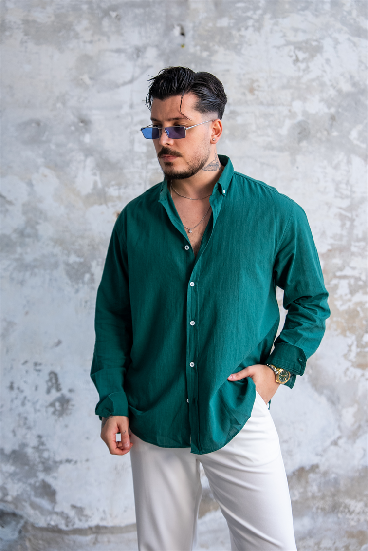 Keten Düğmeli Oversize Gömlek Zümrüt Yeşili