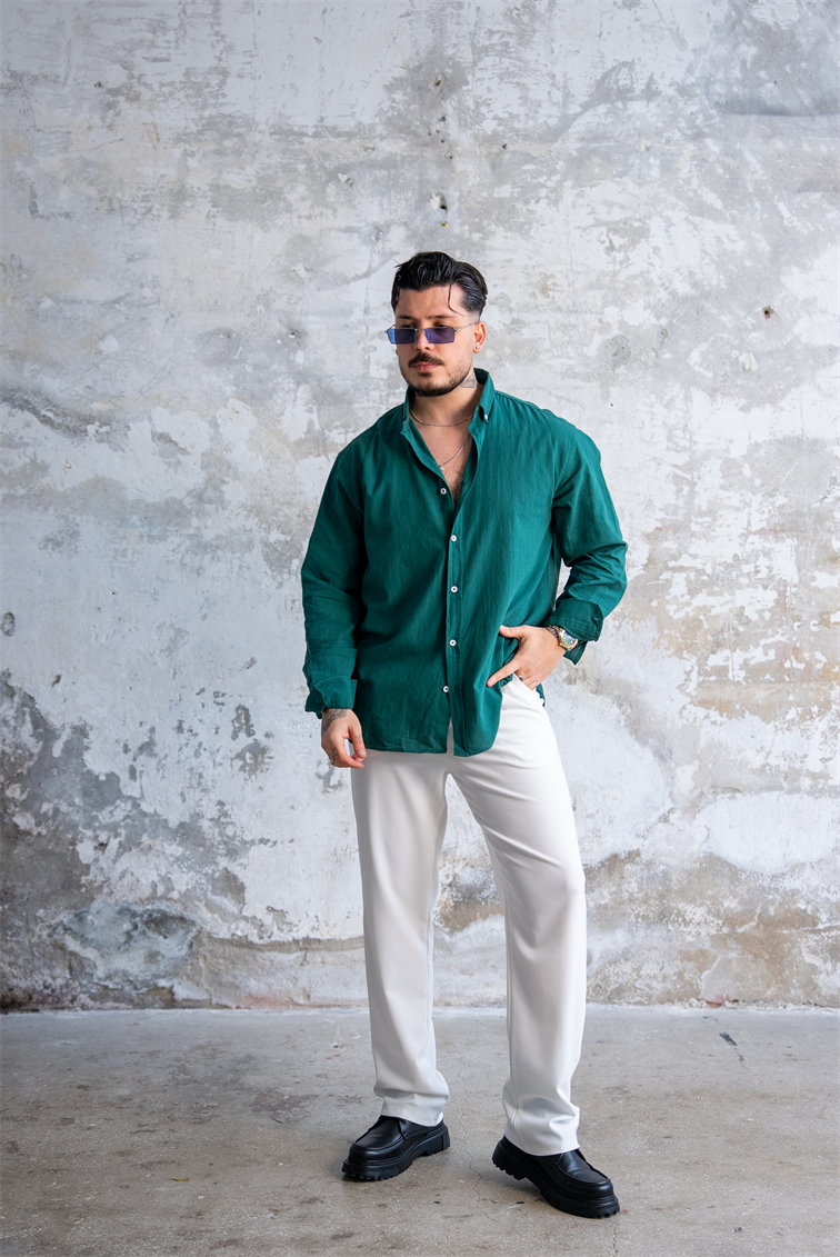 Keten Düğmeli Oversize Gömlek Zümrüt Yeşili