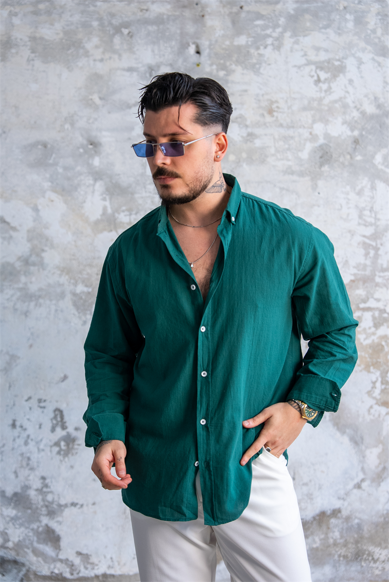 Keten Düğmeli Oversize Gömlek Zümrüt Yeşili