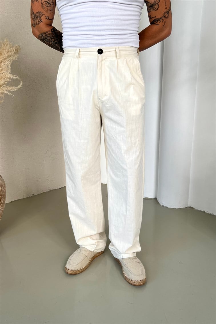 Keten Extra Dökümlü Pantolon Krem
