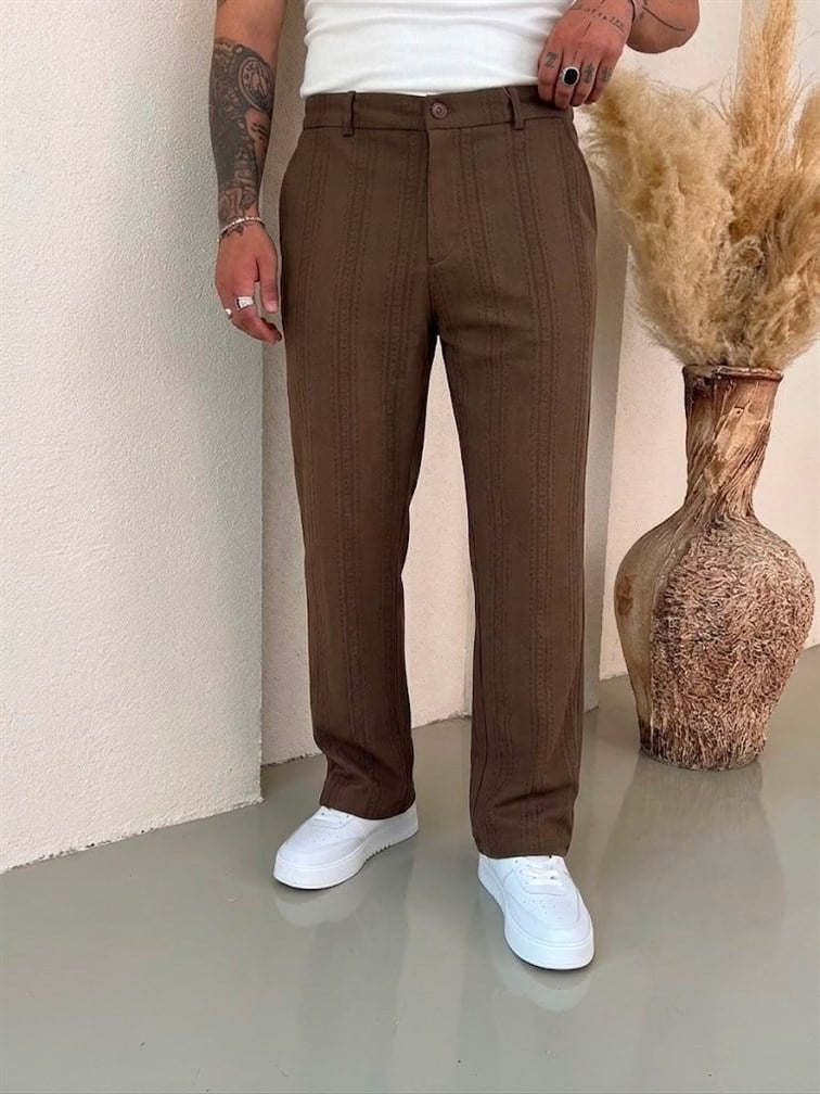 Keten İşlemeli Baggy Pantolon Kahve