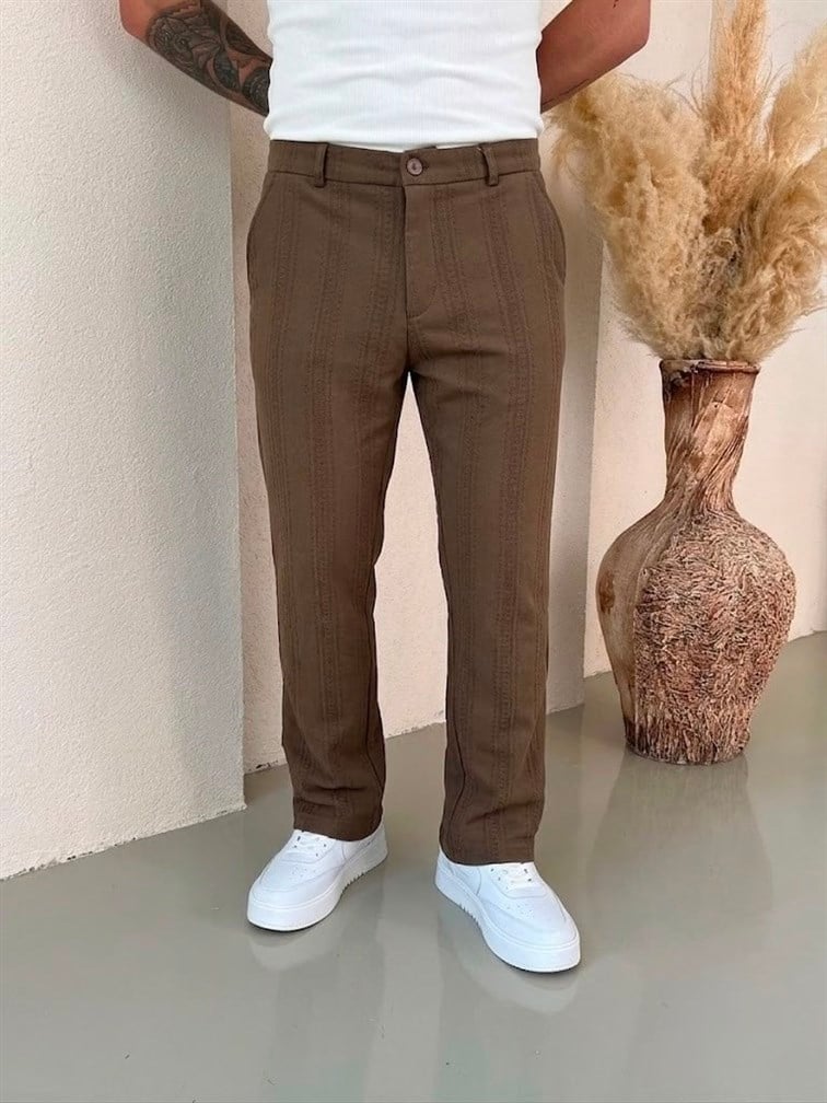 Keten İşlemeli Baggy Pantolon Kahve