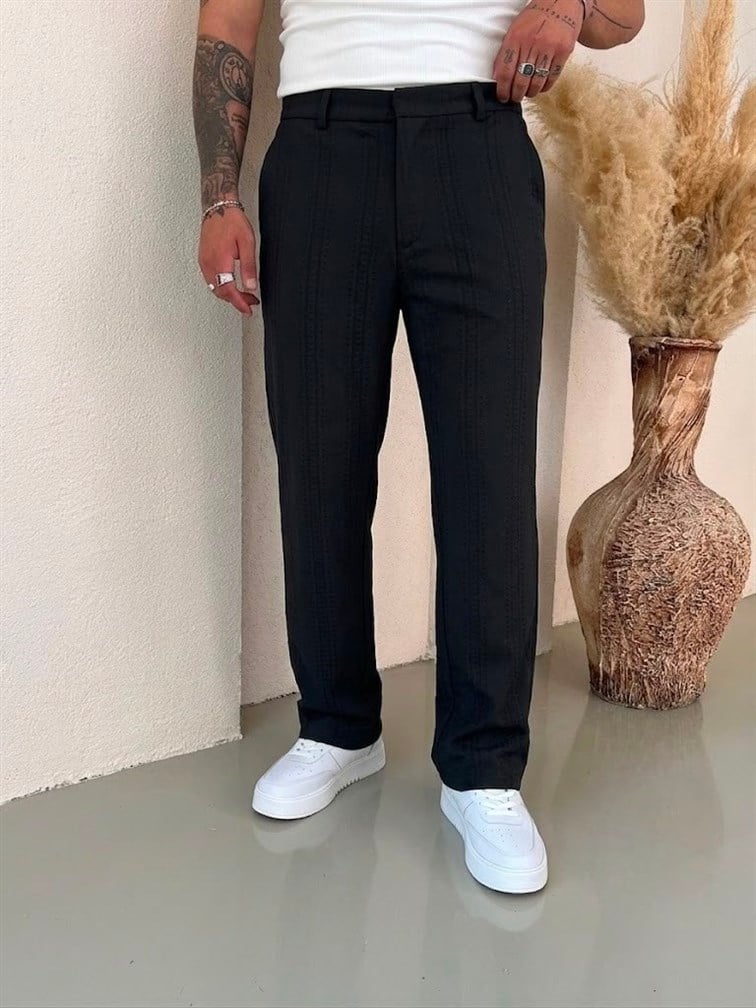 Keten İşlemeli Baggy Pantolon Siyah