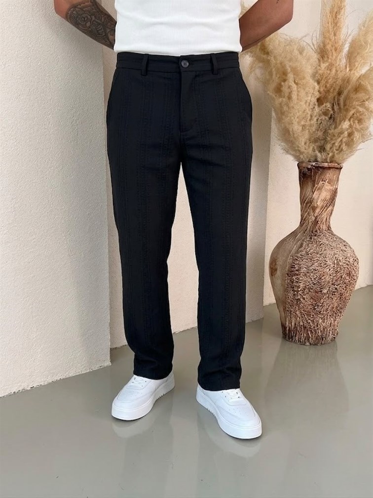 Keten İşlemeli Baggy Pantolon Siyah