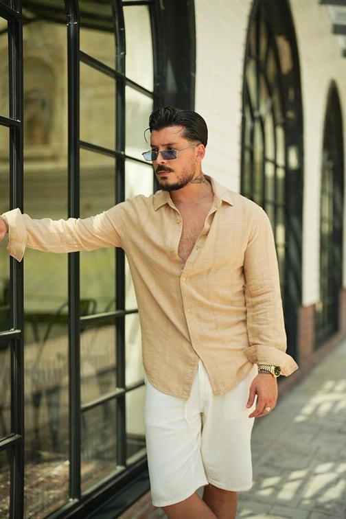 Keten İşlemeli Bol Kalıp Gömlek Bej