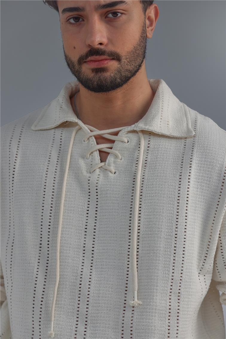 Keten Uzun Kol T-Shirt Açık Krem