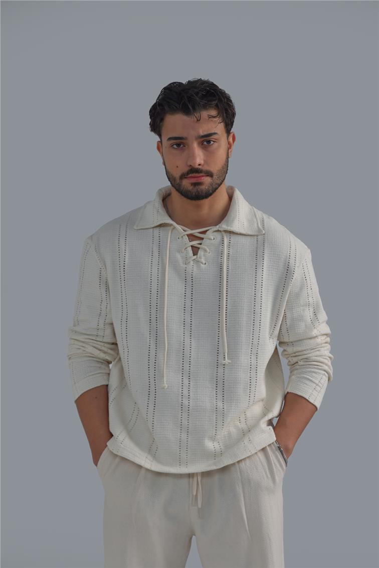 Keten Uzun Kol T-Shirt Açık Krem