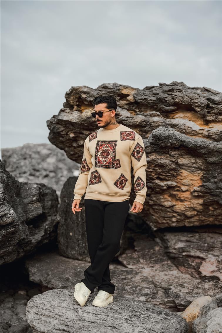 Kilim Desen Şardonlu Sweatshirt Bej