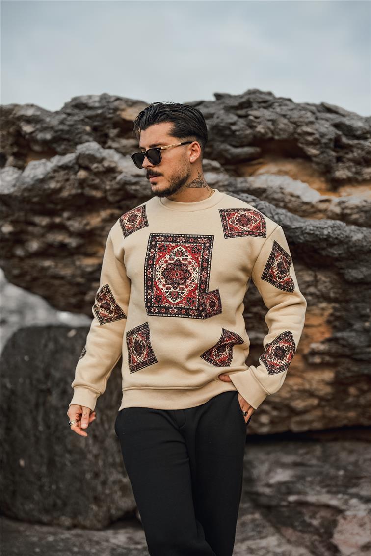 Kilim Desen Şardonlu Sweatshirt Bej