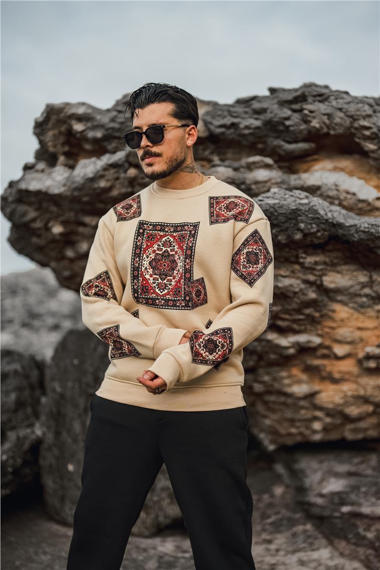 Kilim Desen Şardonlu Sweatshirt Bej
