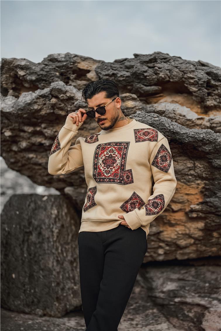 Kilim Desen Şardonlu Sweatshirt Bej