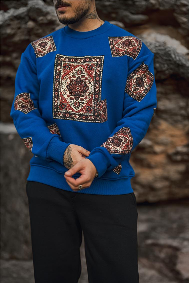 Kilim Desen Şardonlu Sweatshirt Koyu Mavi
