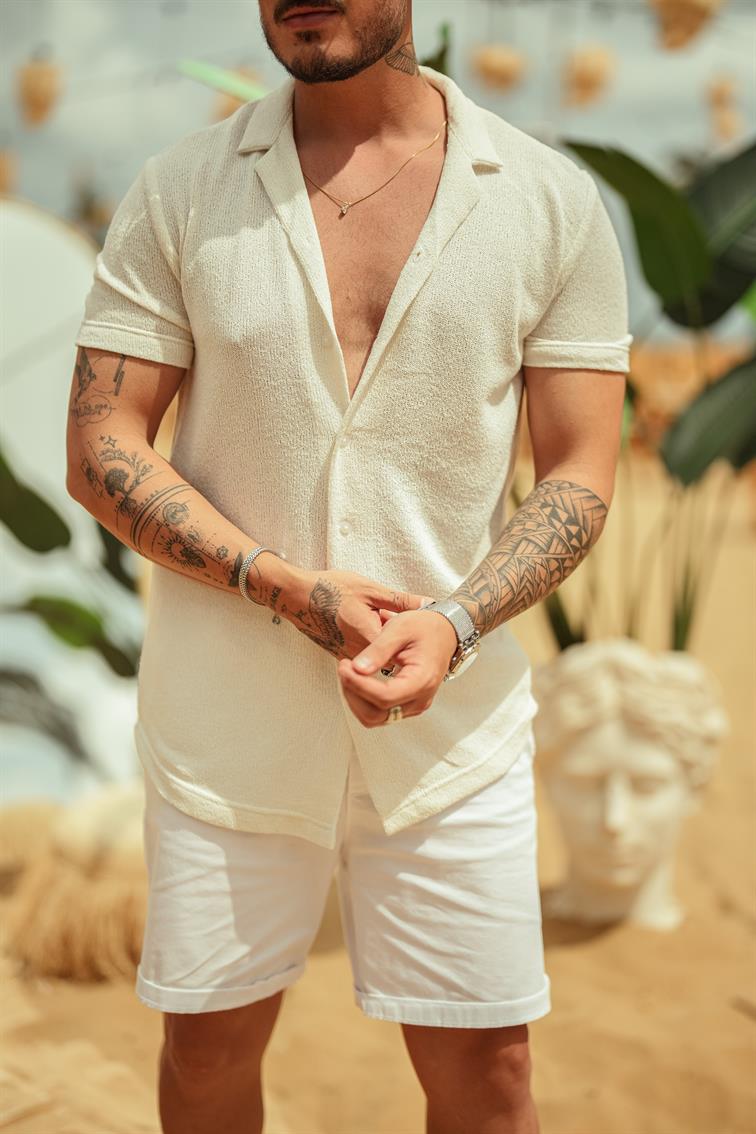 Kısa Kol Örmeli Gömlek Beyaz