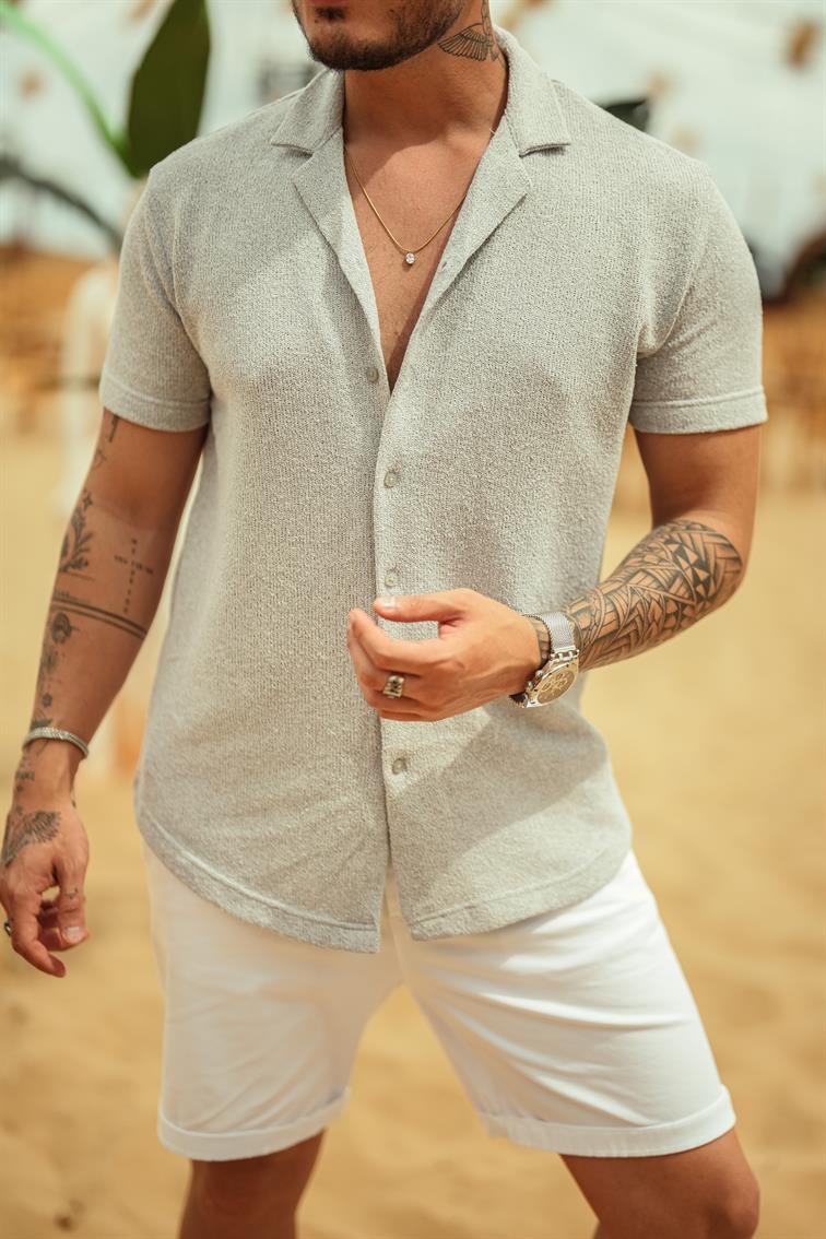 Kısa Kol Örmeli Gömlek Gri