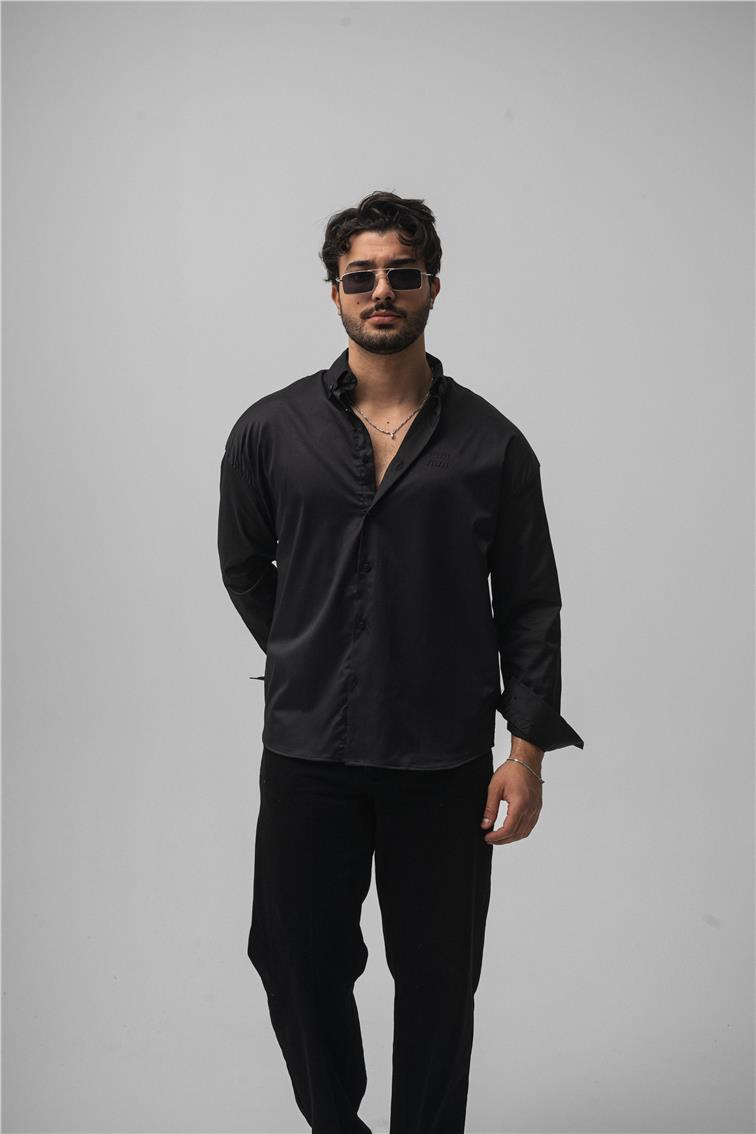 Klasik Baskılı Oversize Gömlek Siyah