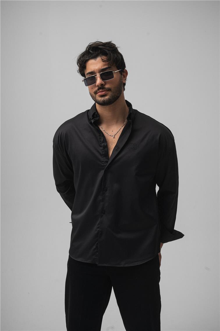 Klasik Baskılı Oversize Gömlek Siyah