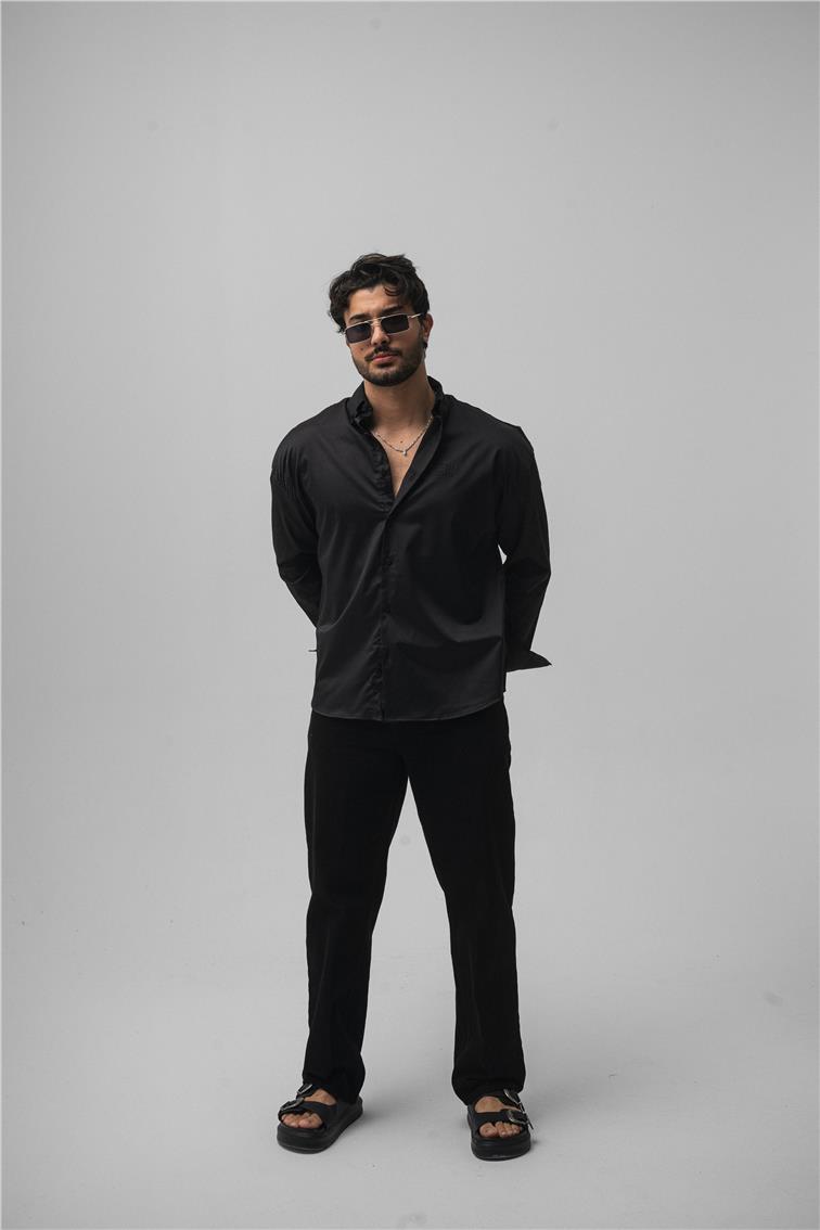 Klasik Baskılı Oversize Gömlek Siyah