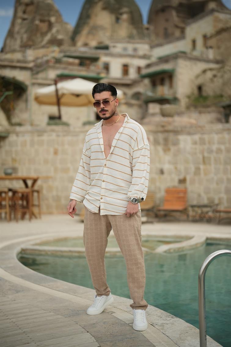 Kolları Ayarlanabilir Pamuklu Oversize Gömlek Camel