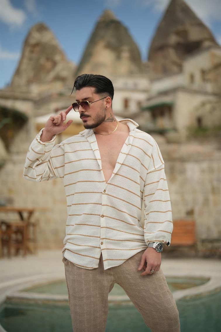 Kolları Ayarlanabilir Pamuklu Oversize Gömlek Camel