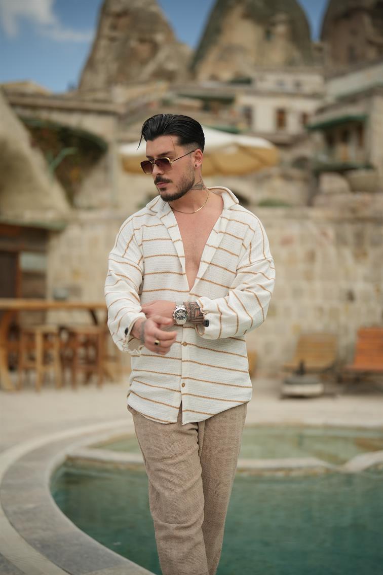 Kolları Ayarlanabilir Pamuklu Oversize Gömlek Camel