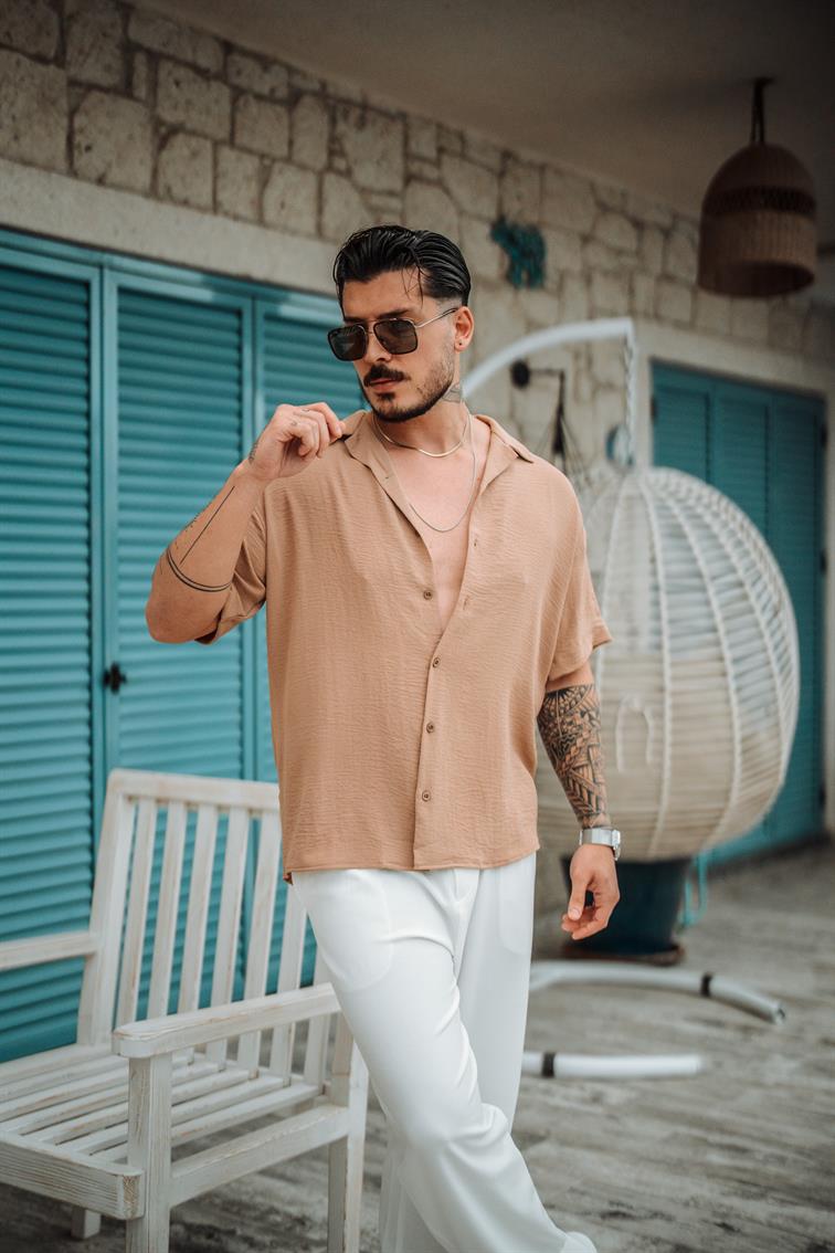 Krep Kumaş Oversize Kısa Kol Gömlek Bej
