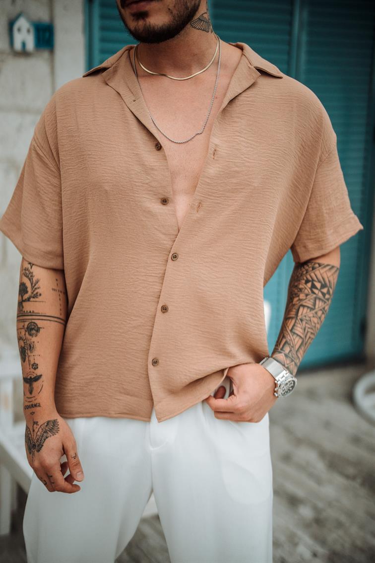 Krep Kumaş Oversize Kısa Kol Gömlek Bej