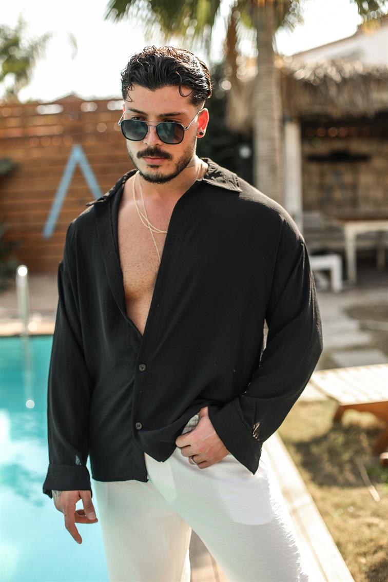 Special Dokulu Oversize Gömlek Siyah