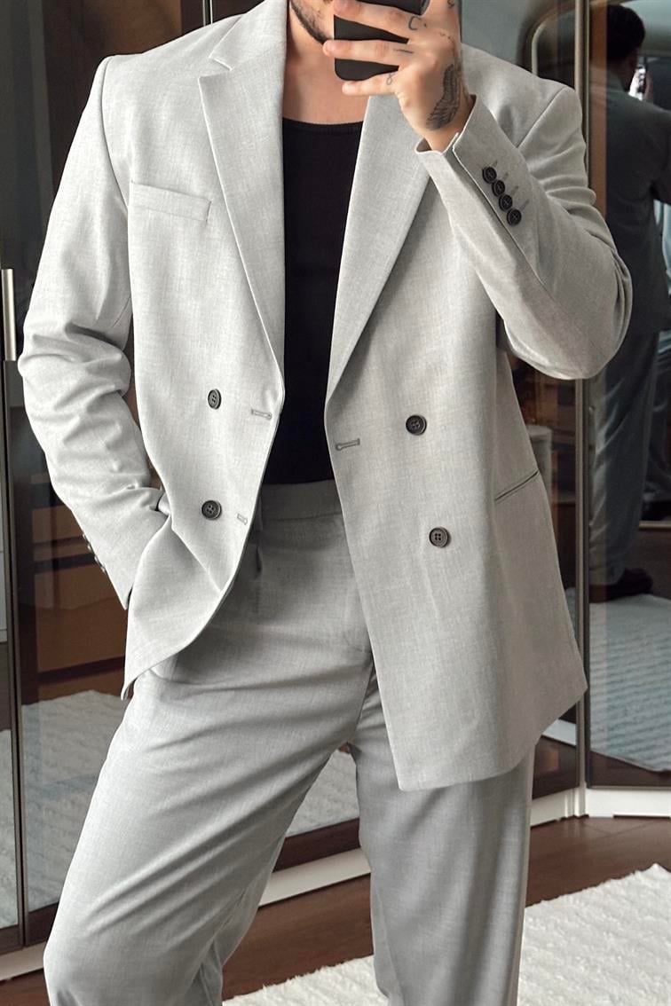 Kruvaze Oversize Casual Takım Gri