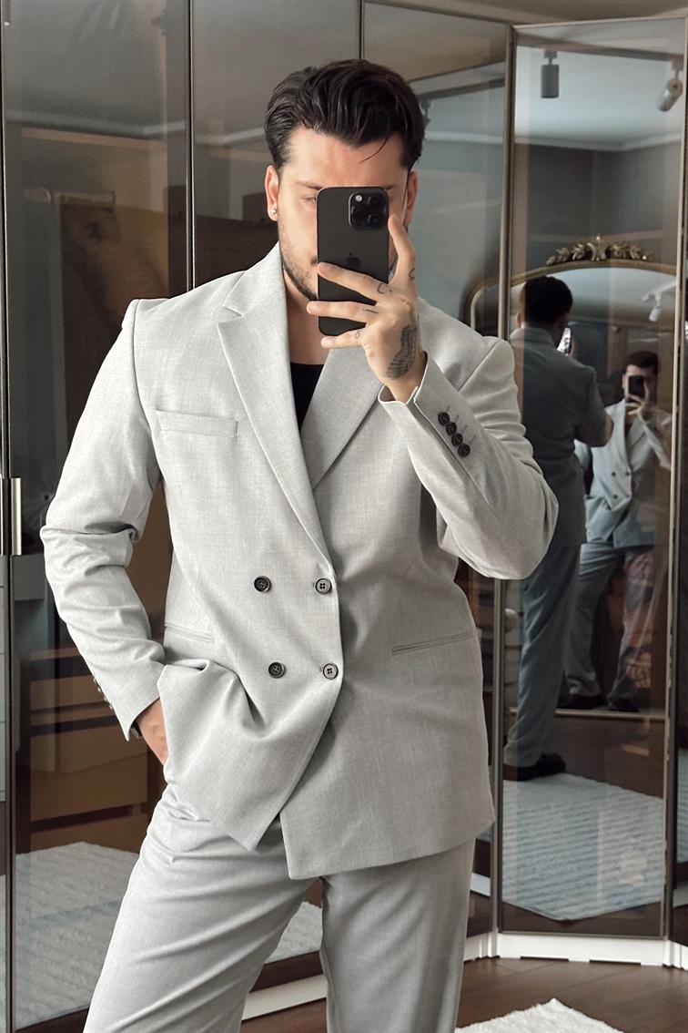 Kruvaze Oversize Casual Takım Gri