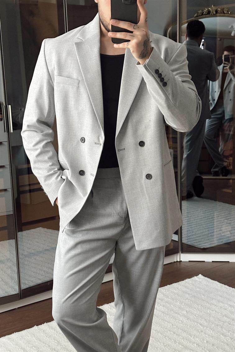 Kruvaze Oversize Casual Takım Gri