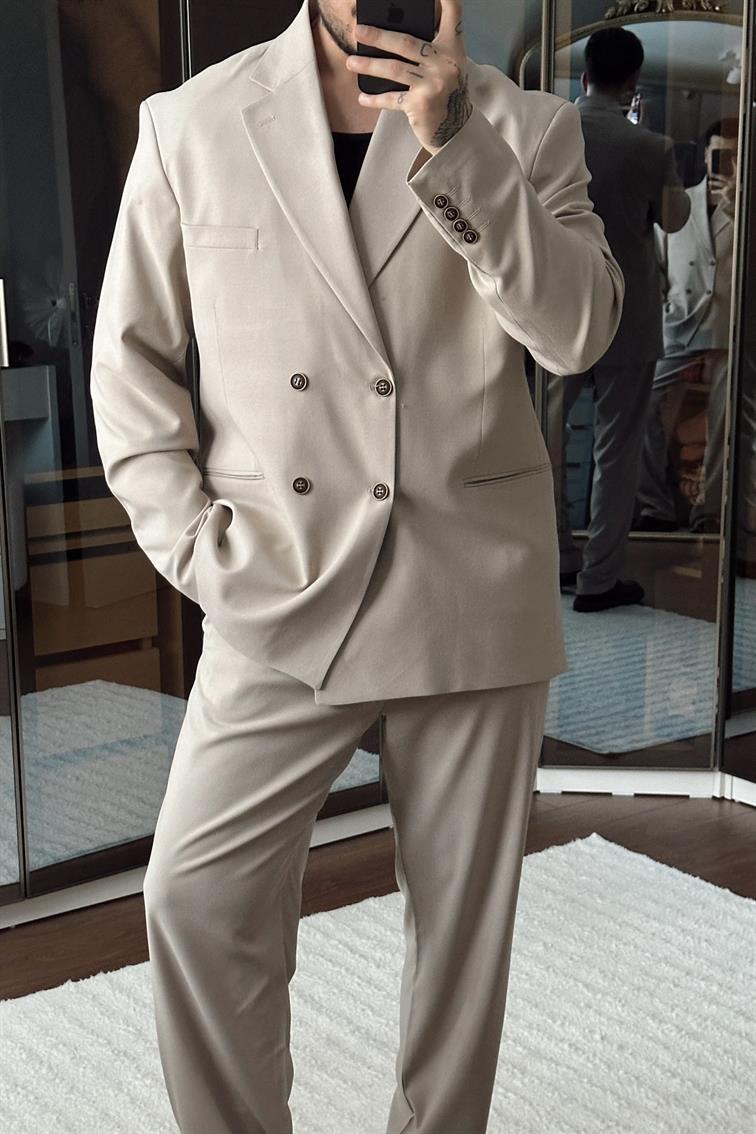 Kruvaze Oversize Casual Takım Krem