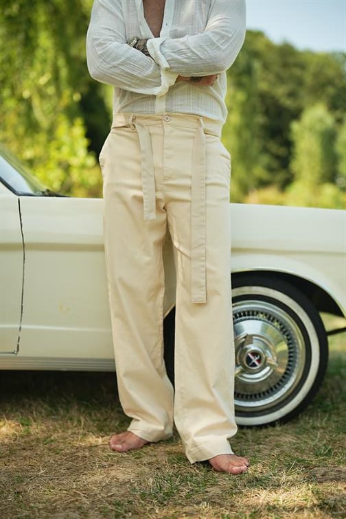 Kuşaklı Baggy Pantolon Krem